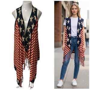 Unity World Wear Cardigan Womens XL 4th of July Patriotic American Flag Fringe